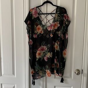 Kona Sol Top Swimsuit Cover Up Black Floral Blue Purple size‎ S bohemian sheer